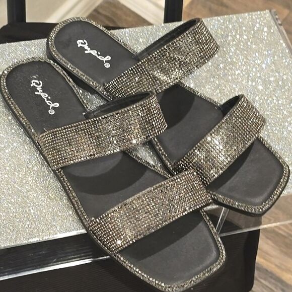 Qupid Double Strap Rhinestone Flat Sandal- Pewter - Picture 7 of 7
